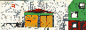  A long card showing our garage & 
the back of our house in bpld green, yellow & red, against a 
background of busy gray drawings.