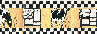Our wallpaper border, featuring black * white checks, 
black-and-white cows, and a black & white stove, all on yellow 
wallpaper.