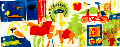 A colorful card showing Herman watching the 
Gray whales from our Oregon motel room, Applicon Volleyball games, 
New Orleans feather mask, etc.