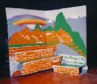 A 3d view of a completed inside of the card with popup Inca terraces