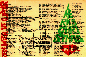 Postcard consisting of our book-movie-&-bird lists overlaid with 
a line drawing of our honeymoon plane & a silkscreened Christmas tree 
in transparent ink.