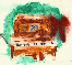 Monotype of a green wreath with a red 
ribbon surrounding our brown player piano.