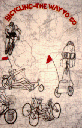 Mostly black-and-white poster, but with a touch of red, of a variety of cyclists against a map background