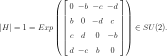                ( ⌊               ⌋ )
                    0 - b - c - d
               | |               | |
               || ||  b  0  - d  c || ||
|H | = 1 = Exp | |               | |  ∈ SU (2).
               |( |⌈  c  d   0  - b|⌉ |)

                    d - c  b   0
