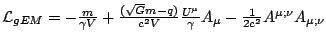 $\mathcal{L}_{gEM}=-\frac{m}{\gamma V}+\frac{(\sqrt{G}m-q)}{c^{2}V}\frac{U^{\mu }}{\gamma }A_{\mu }-\frac{1}{2c^{2}}A^{\mu ;\nu }A_{\mu ;\nu }$