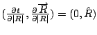 The four-vector the derivative of t with respect to the absolute value of R, the derivative of R with respect to the absolute value of R equals the four-vector zero, the unit vector R hat. 