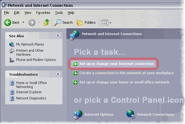 Screen Shot of Control Panel - Set Up Or Change Your Internet Connection