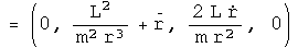 = (0, -L squared over m squared  R cubed + R double dot, 2 L R dot over m R squared , 0)