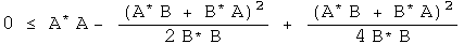 0  is equal to or less than A conjugatedA - (A conjugated B + B conjugated A) squared  over 2 B conjugated B + (A conjugated B + B conjugated A) squared  over 4 B conjugated B