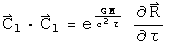 C_1 dot C_1 equals the exponential of G M over c squared tau times the derivative of R with respect to tau.