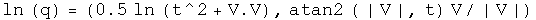 The natural log of q equals (one half times the natural log of t squared plus V dot V, the arctan of absolute value of V, angle t time V normalized to V.