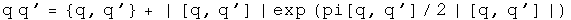 The Grassman product of two exponentials q and q' equals the even Grassman product times the absolute value of the odd Grassman product times the exponential of pi over 2 times the odd Grassman product normalized to itself.