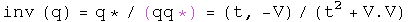 The inverse of q equal q conjugated over its norm equals (t, -V) over (t squared plus V dot V).