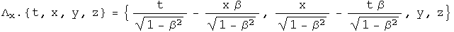 lambda sub x dot the 4-vector {t, x, y, z} = the 4-vector {gamma t-gamma beta x, gamma x-gamma beta t, y, z}